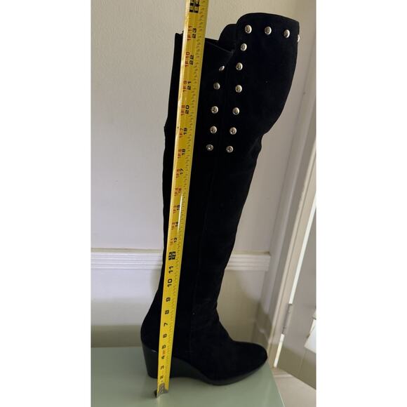 Vintage Y2K Stuart Weitzman Boots 8 Moto Over The Knee Studded Black Suede Wedge - Picture 4 of 8
